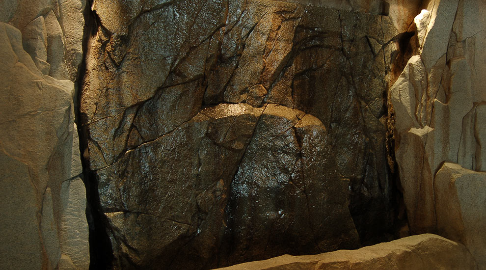 Detail of custom rockwork on indoor water feature.